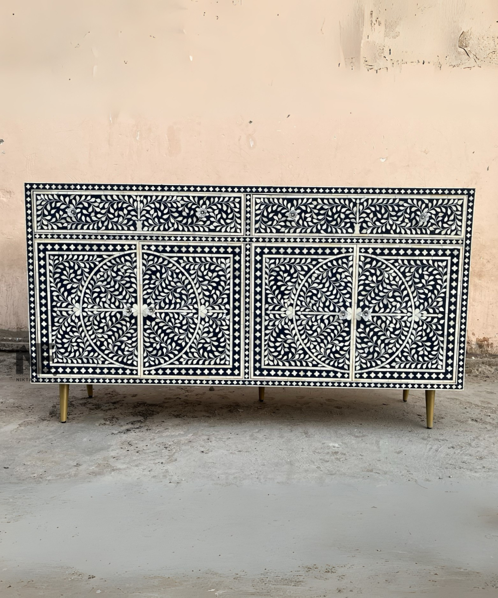 Bone inlay sideboard in darker blue – full front view