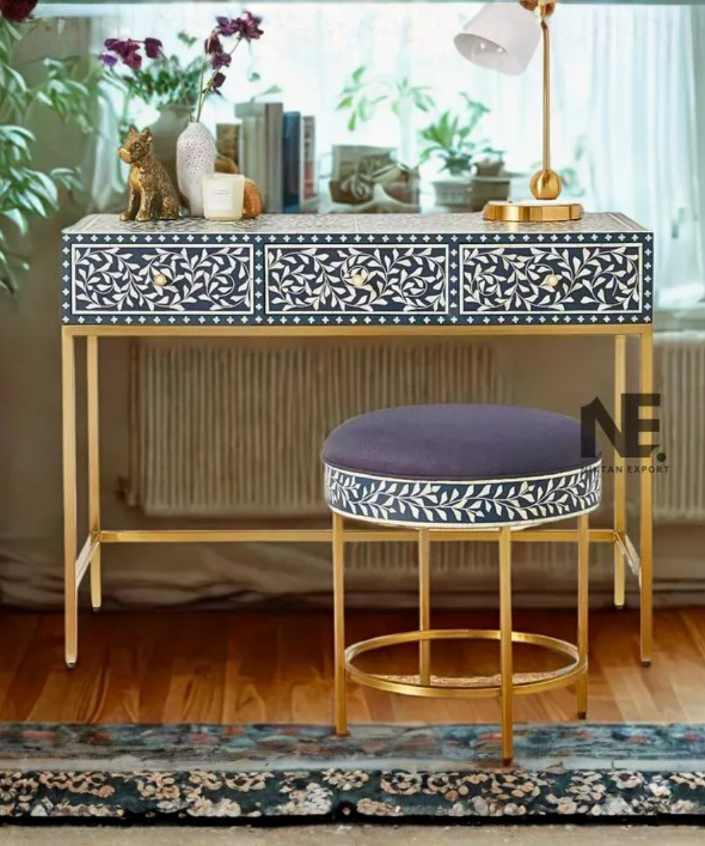 Navy blue bone inlay vanity table with scroll vine pattern
