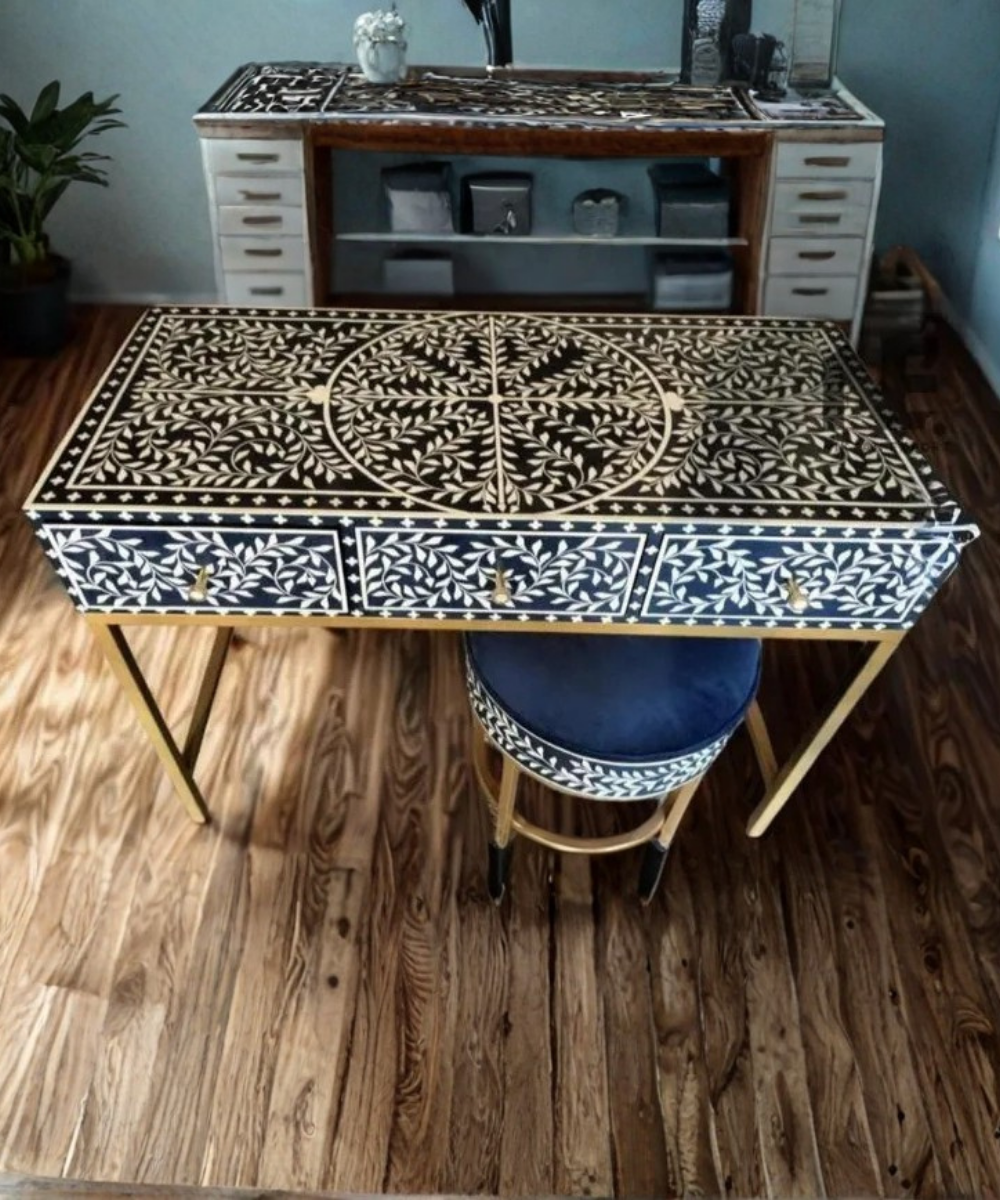 Handmade bone inlay vanity table in navy blue