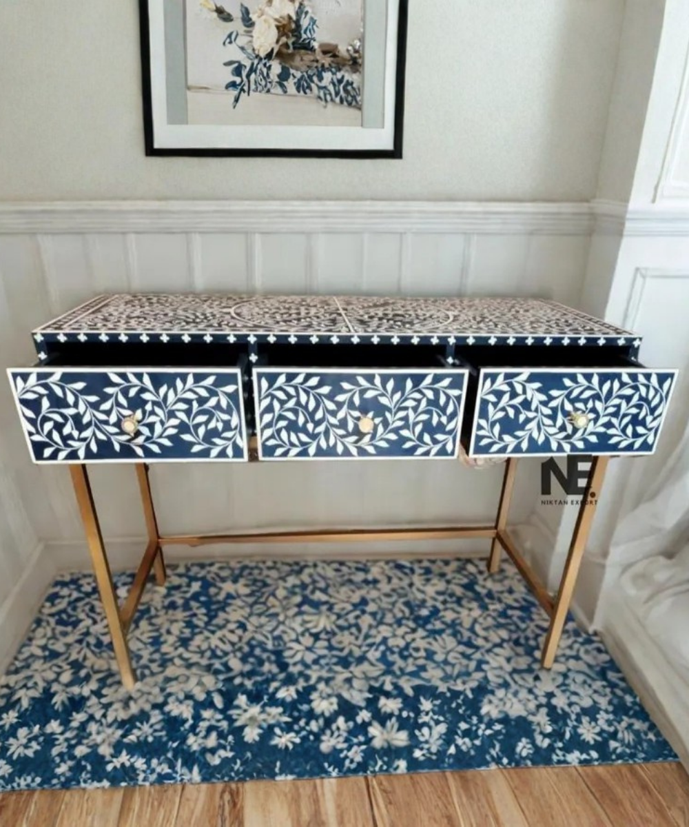 Bone inlay makeup desk with matching round stool