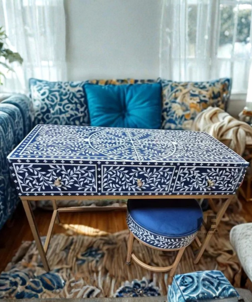 Navy blue scroll vine bone inlay dressing table
