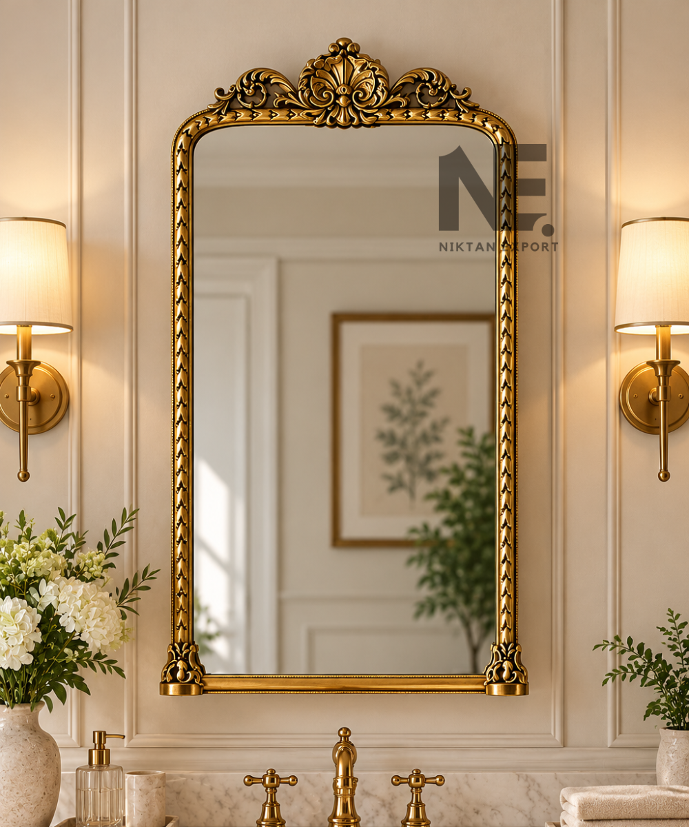 Antique gold mirrored bathroom cabinet above a vanity