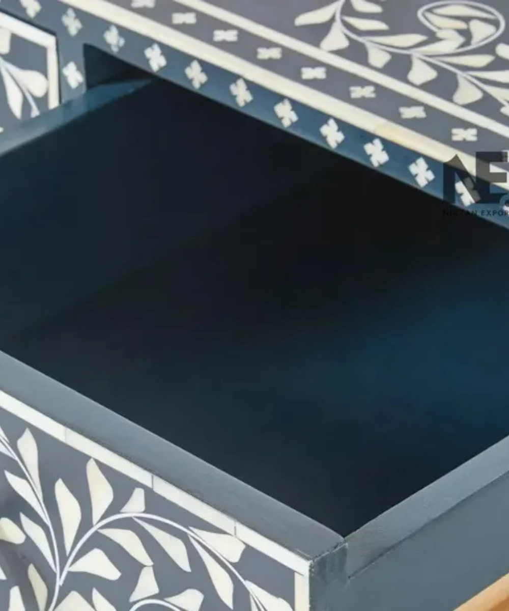 Navy blue bone inlay vanity with floral scroll design