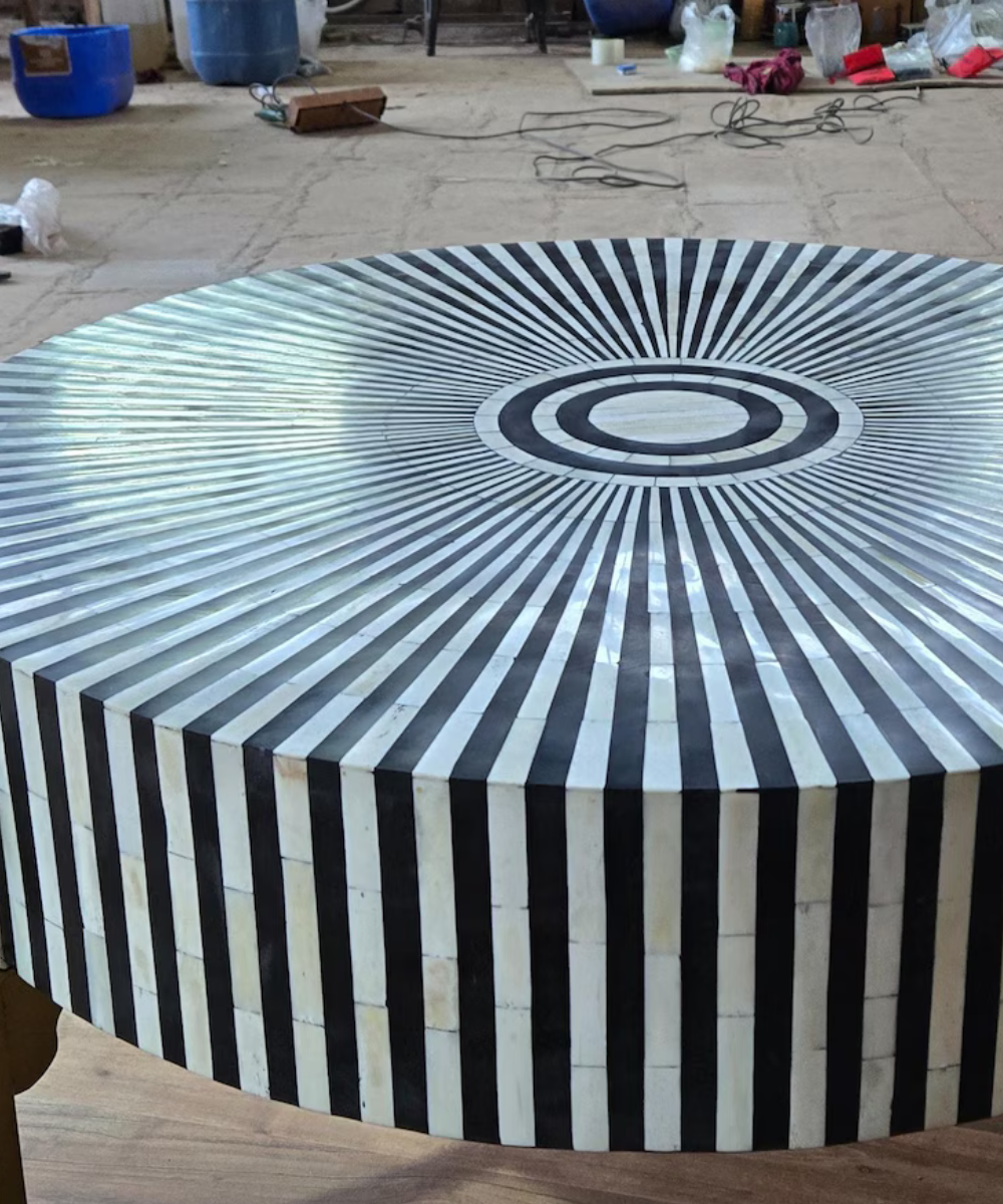 Radial Stripe Bone Inlay Round Coffee Table  Handmade Geometric Furniture