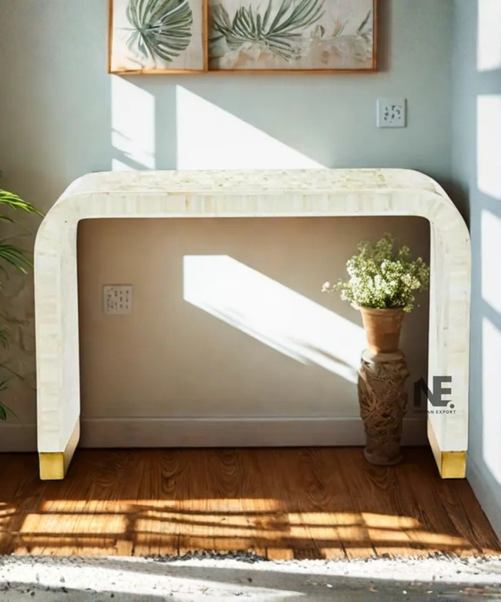 Curved bone inlay console table with floral pattern