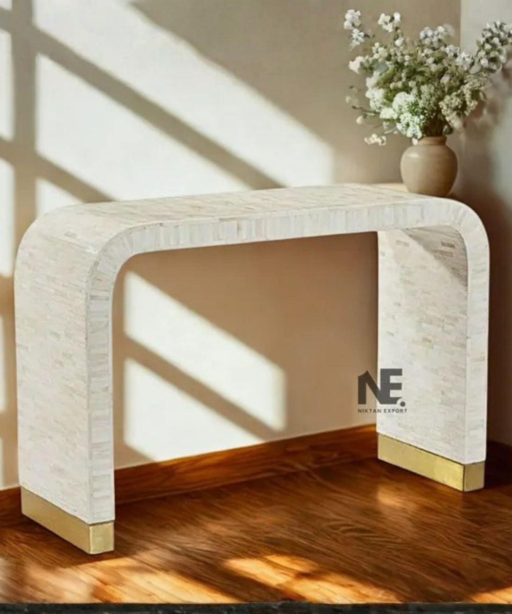 Luxury bone inlay console table with brass base