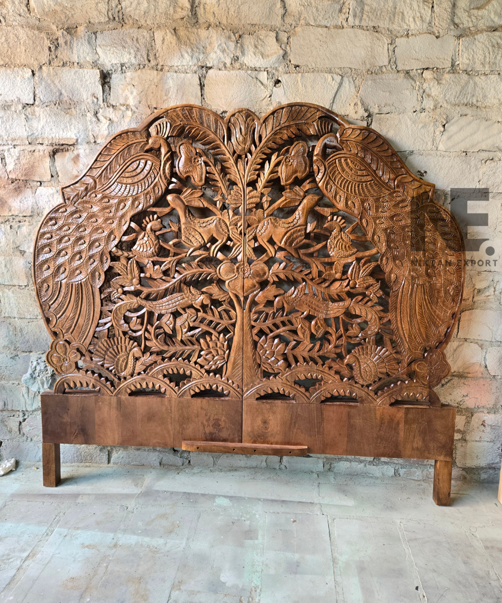 Solid mango wood headboard with woodland bird motifs