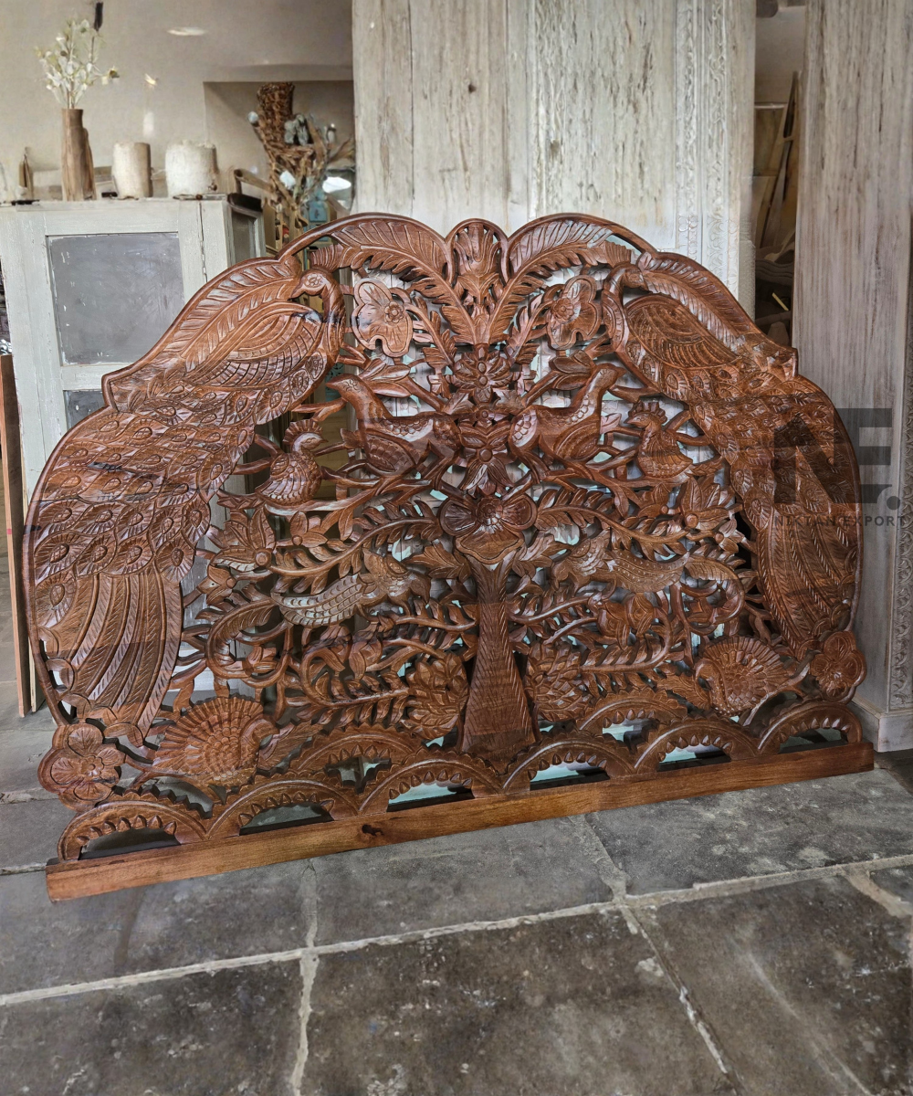 Solid wood headboard with traditional decorative carving