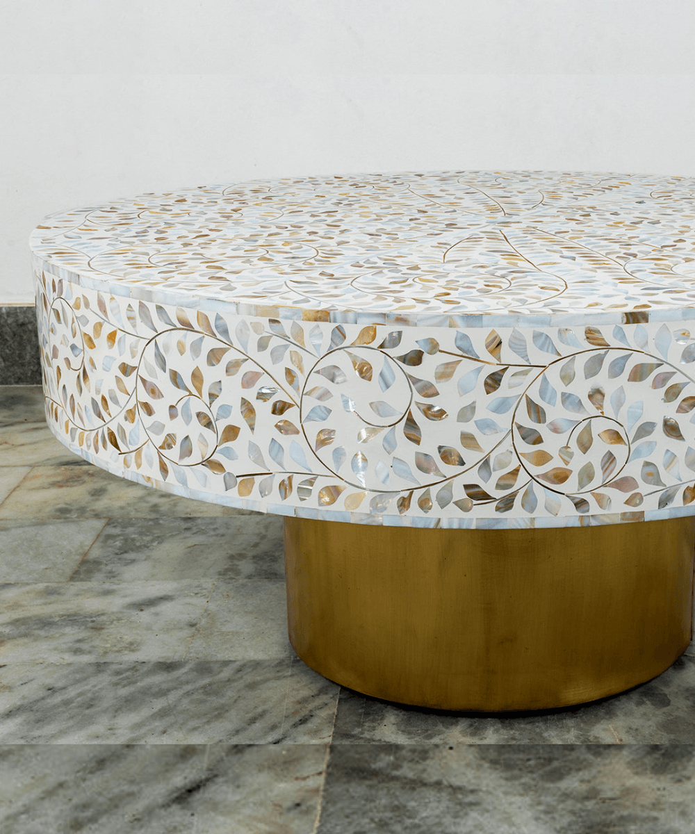 Niktan Export White Floral Mother of Pearl Round Coffee Table with Brass Leg - NikTan Export