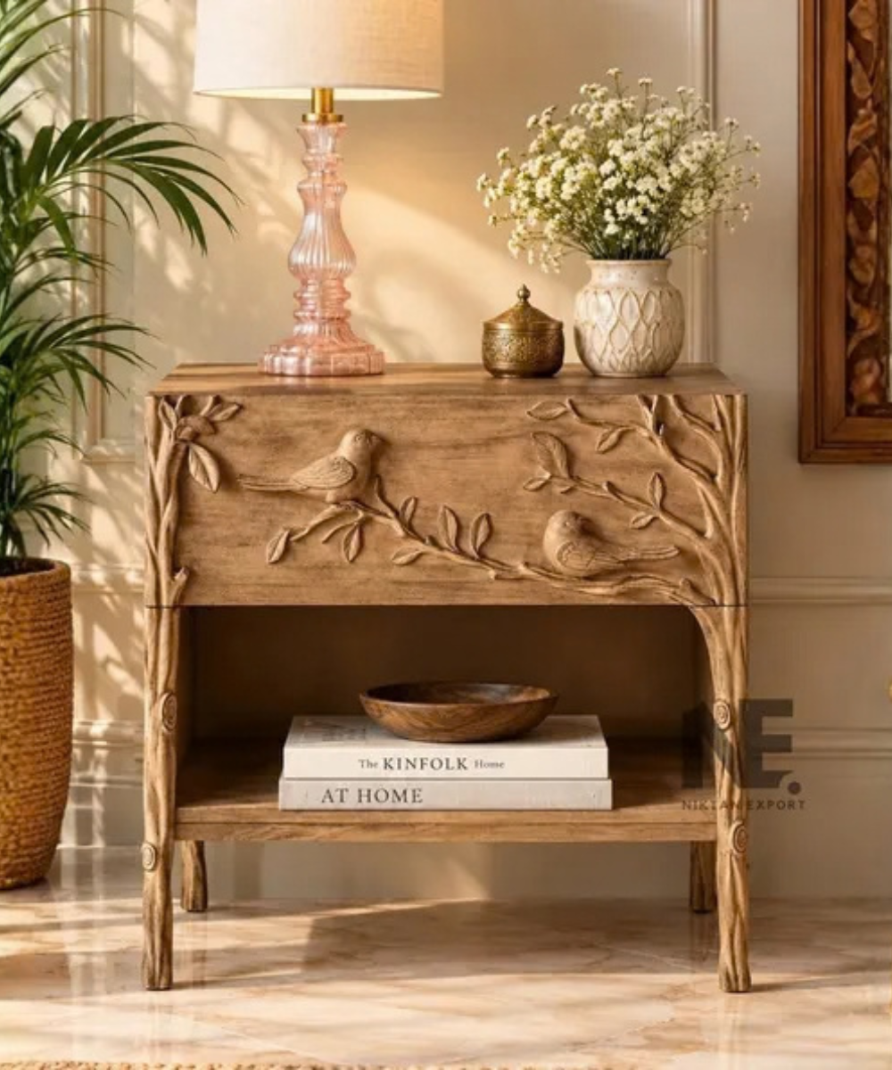 Hand-carved bird nightstand