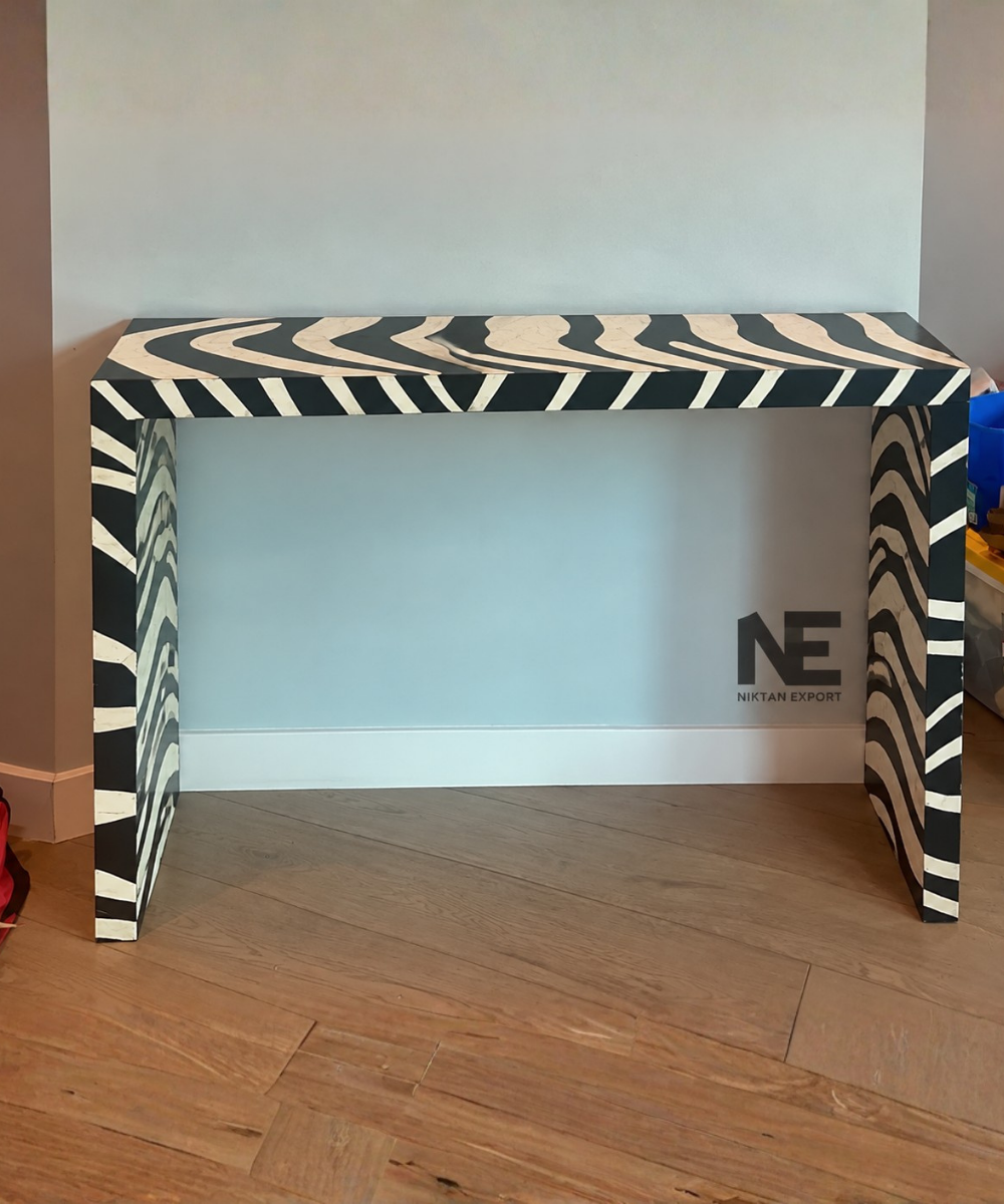Zebra bone inlay console table in black and white
