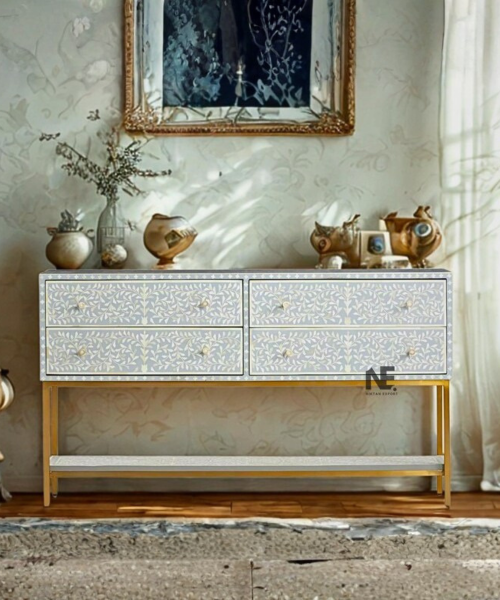 Scroll vine bone inlay console table with four drawers