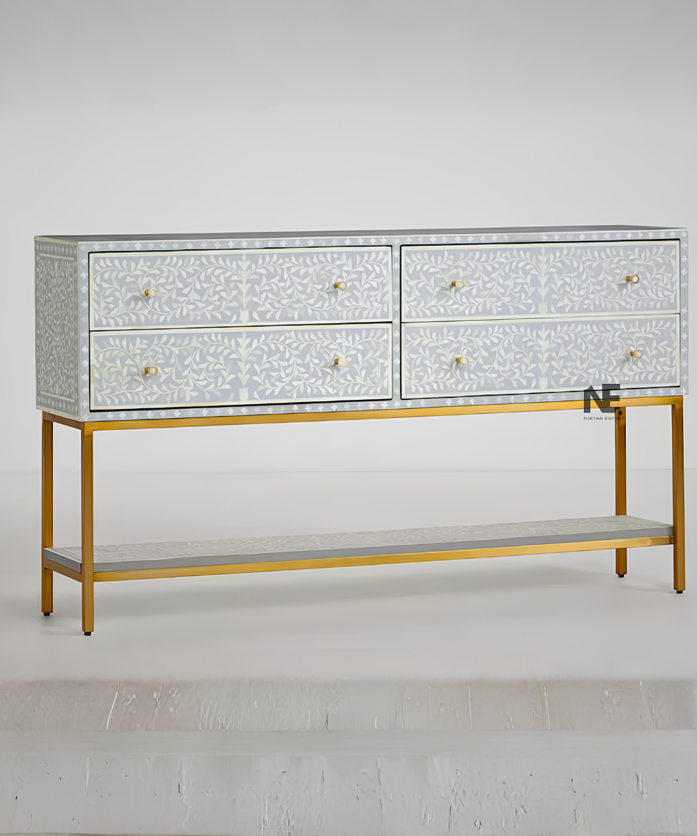 Handmade bone inlay console table with lower shelf