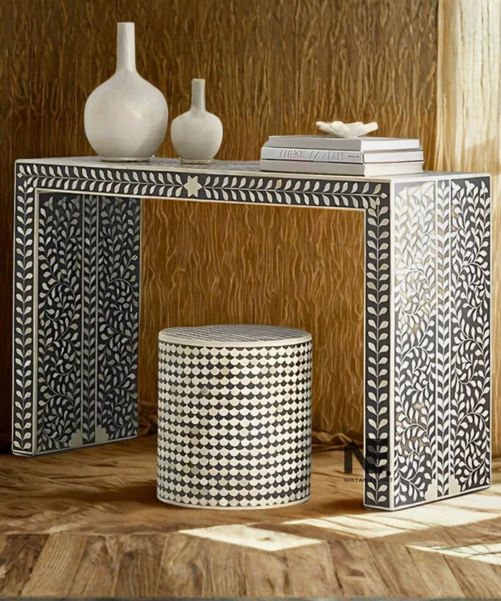 Rustic bone inlay entryway console table