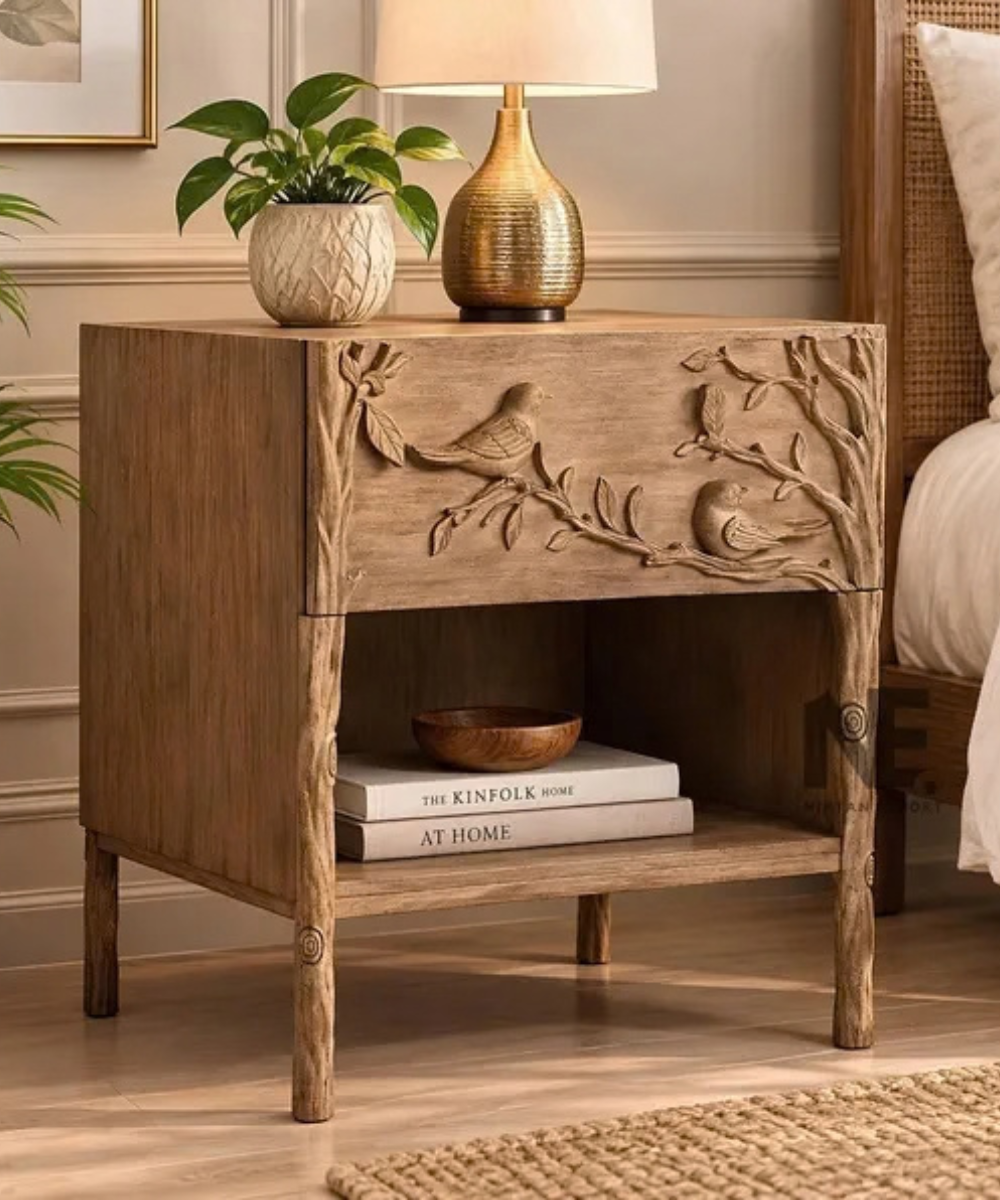 Hand-carved wooden bedside table with drawer
