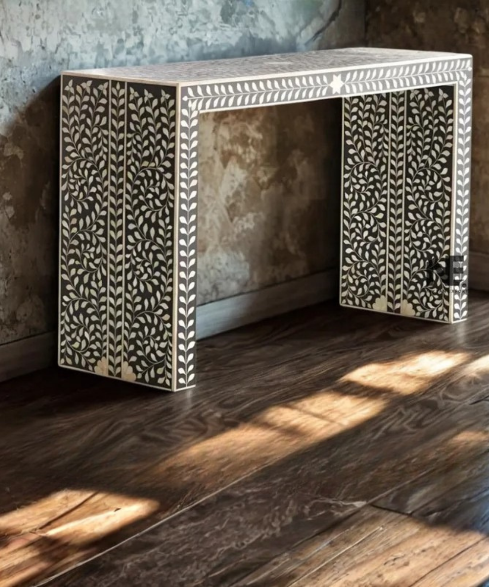 Black bone inlay console table with natural wood finish