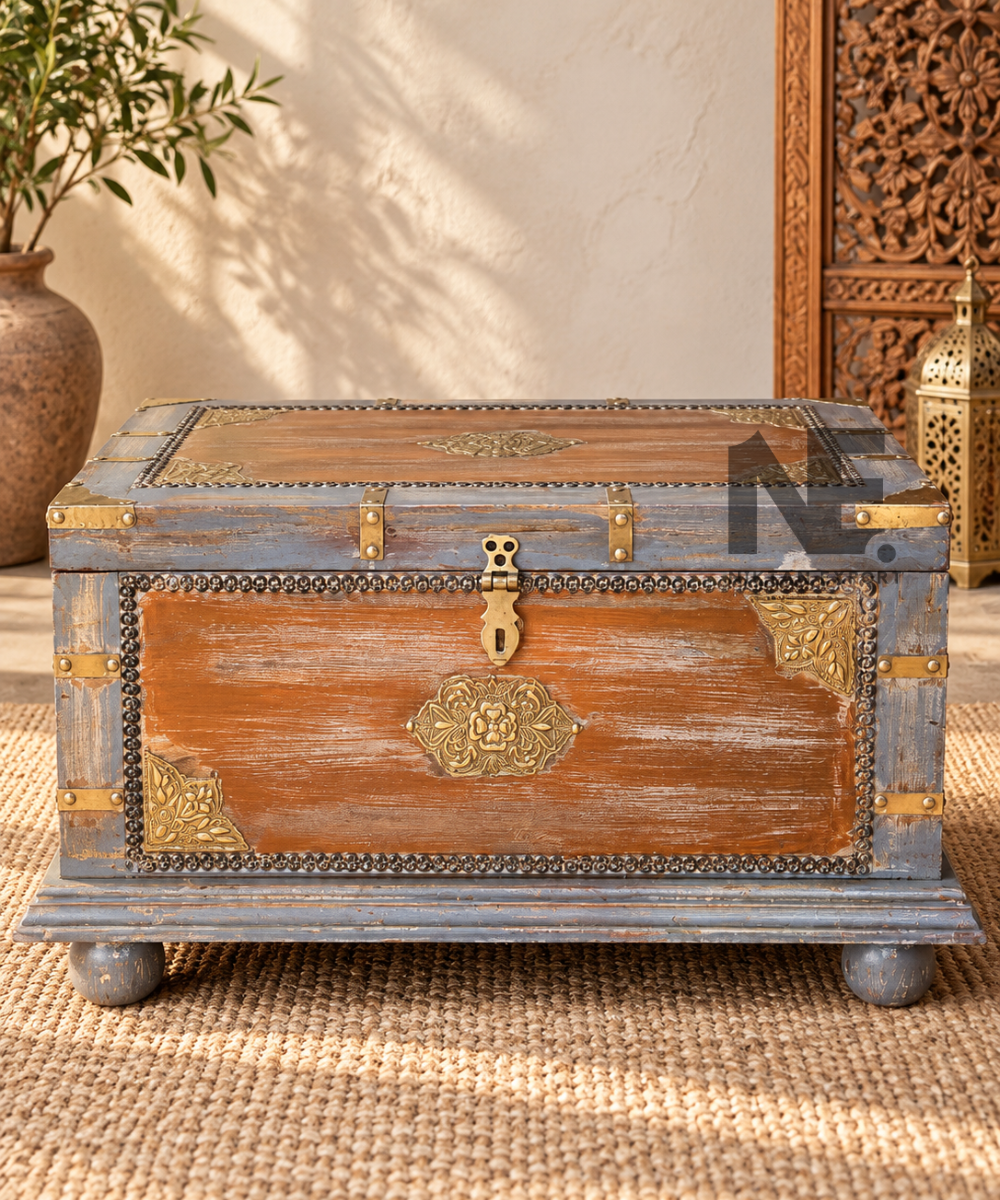 Distressed wooden storage trunk with blue-grey and brown finish