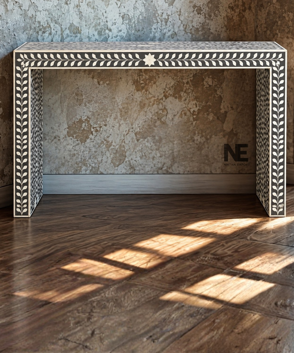 Black bone inlay console table with leaf pattern