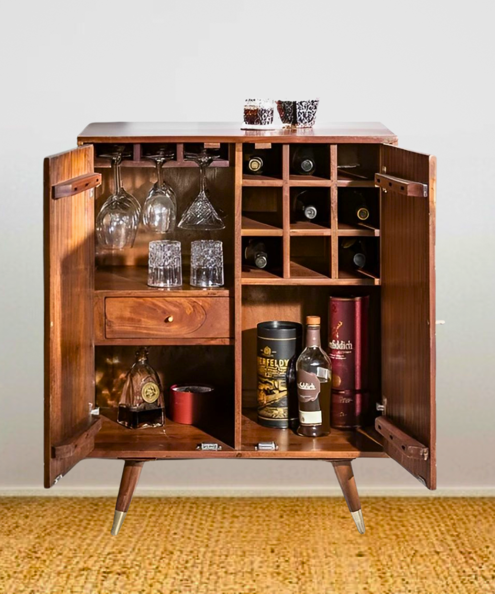 Spacious interior with compartments, bottle rack, and drawer