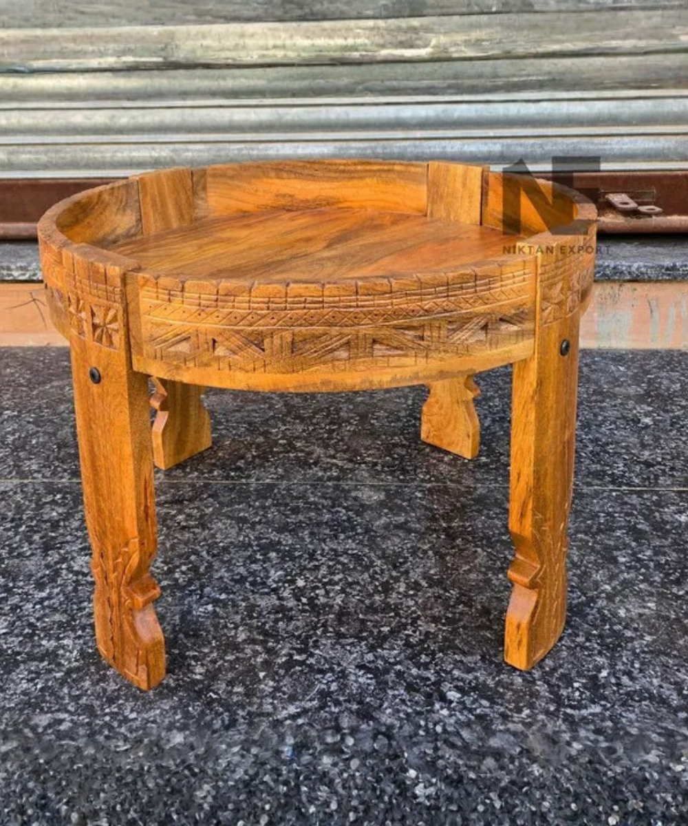 Indian Chakki coffee table with traditional carved design