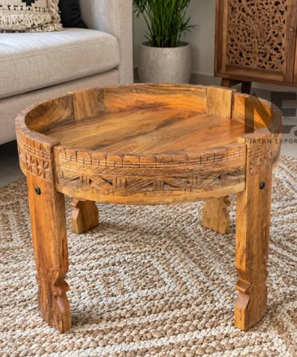 Hand-carved Chakki coffee table handmade wooden round table