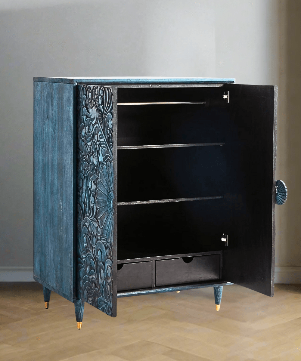 Niktan Export Handcrafted Wooden Storage Cabinet Unit with Carvings (Vintage Indigo Finish) - NikTan Export