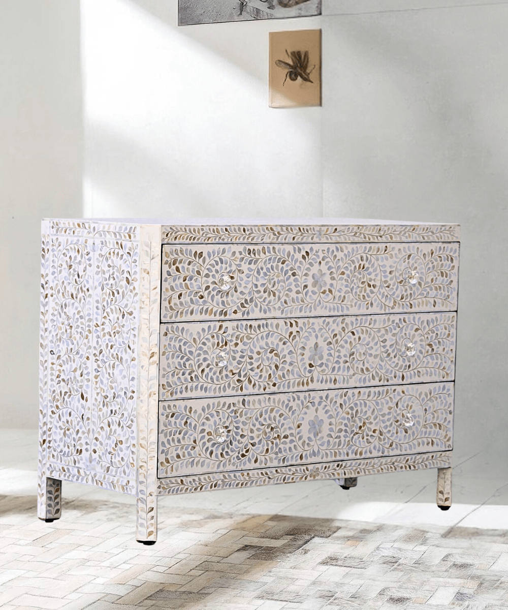 Niktan Export Mother of Pearl Elegant White Floral Chest 3 Drawers - NikTan Export