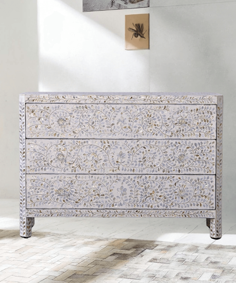 Niktan Export Mother of Pearl Elegant White Floral Chest 3 Drawers - NikTan Export