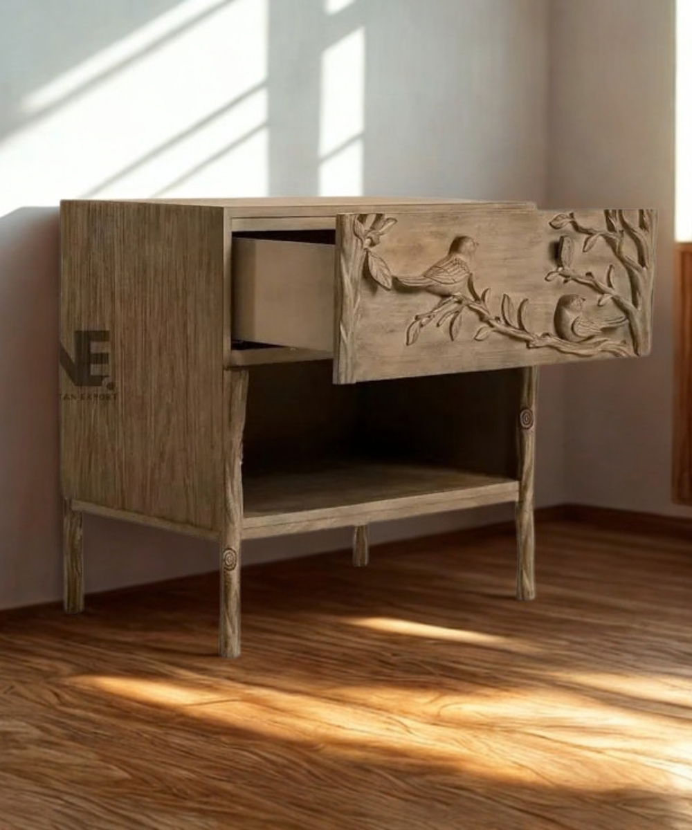 Bird carved wooden nightstand