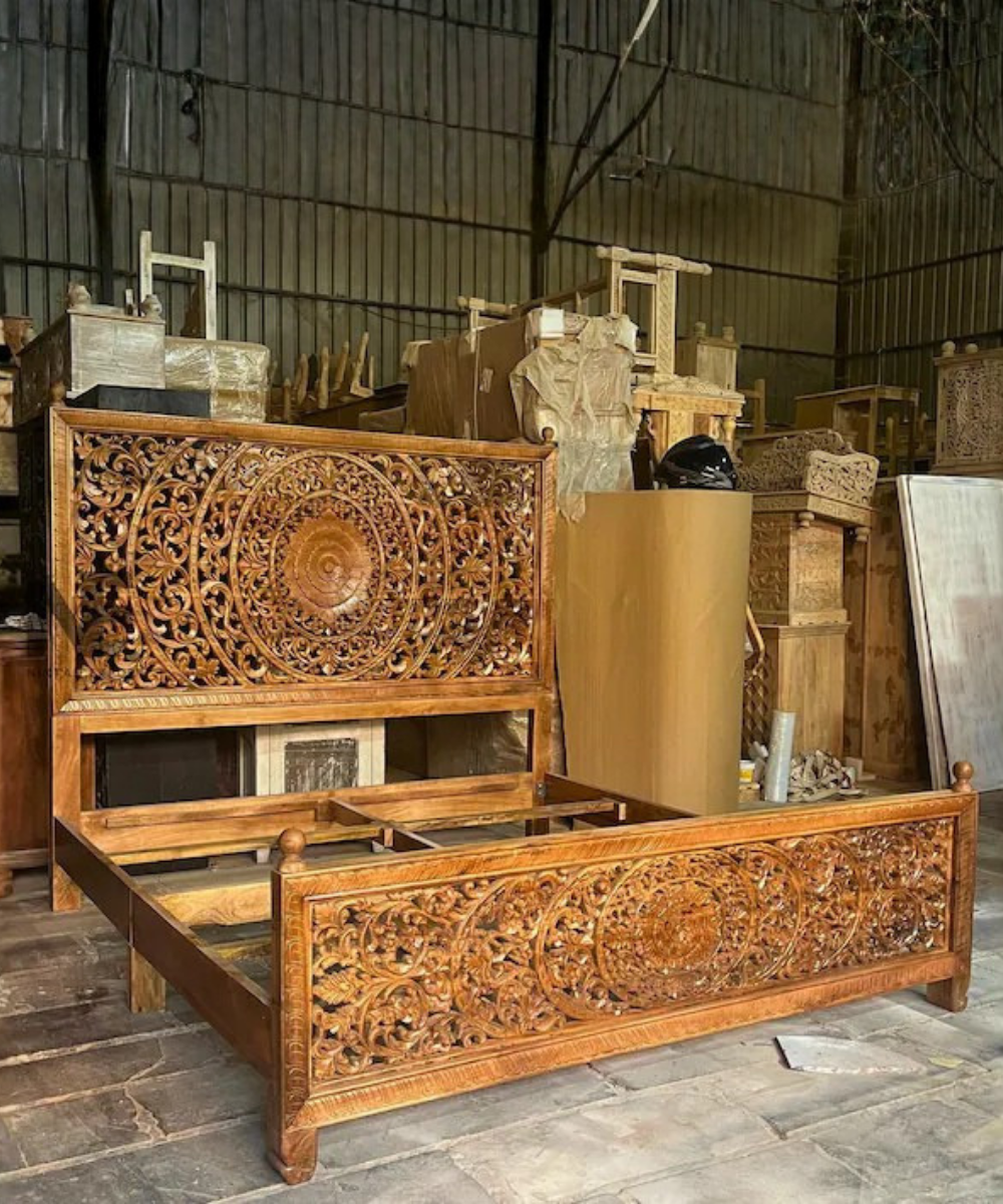 Ornate wooden king bed handmade in India
