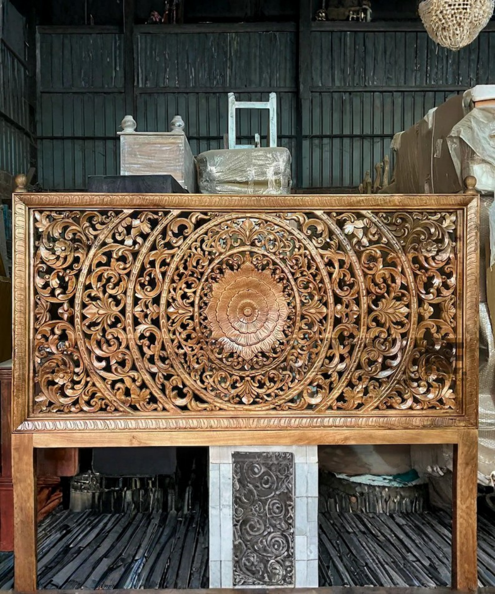 Solid wood king bed with detailed carved headboard