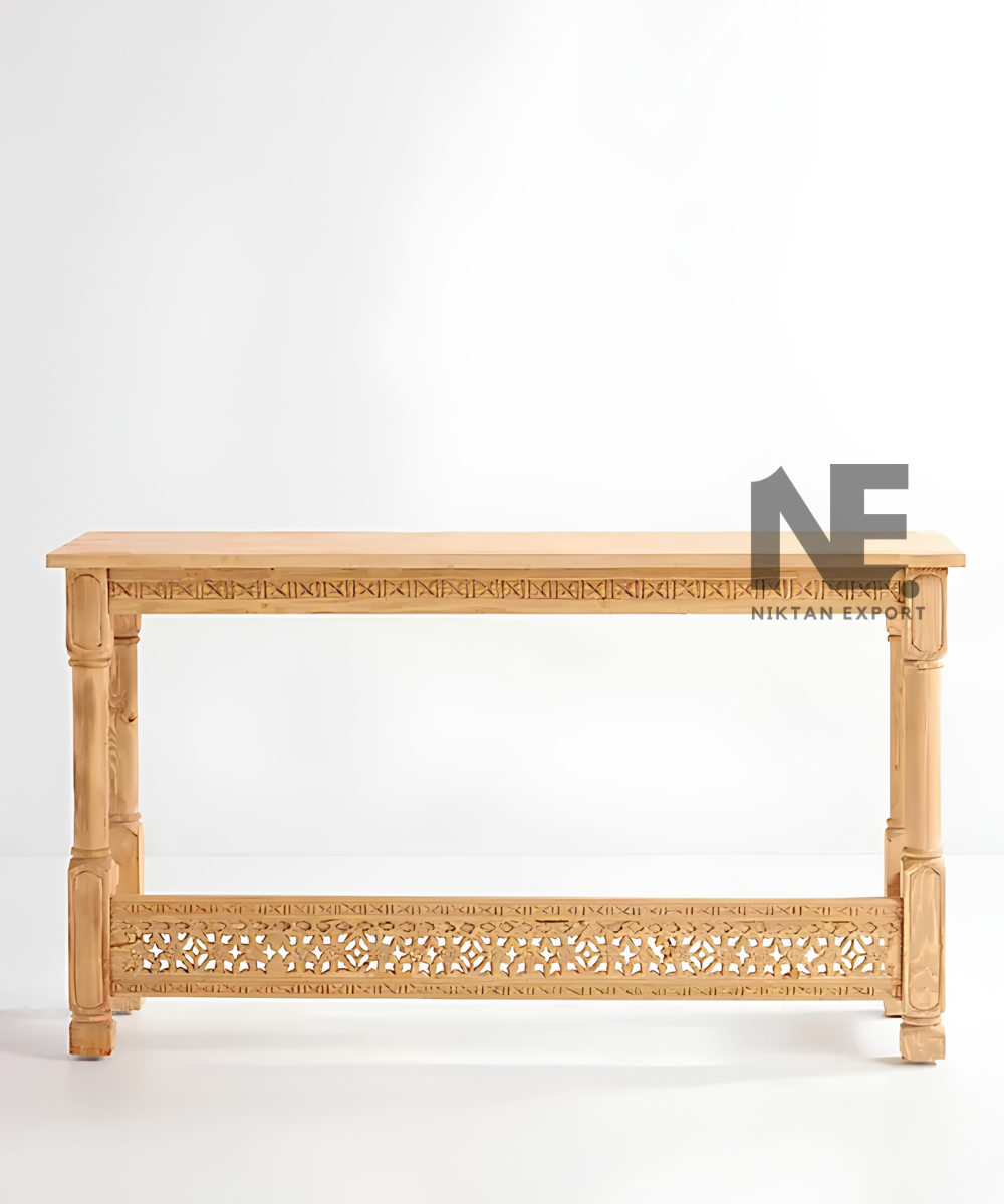 Front view of decorative wooden console table