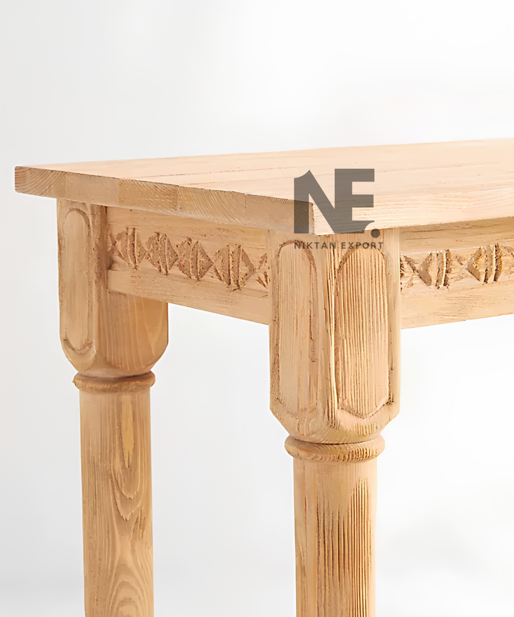 Intricate openwork carving on wooden console table stretcher