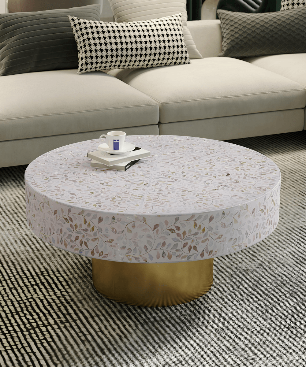 Niktan Export White Floral Mother of Pearl Round Coffee Table with Brass Leg - NikTan Export