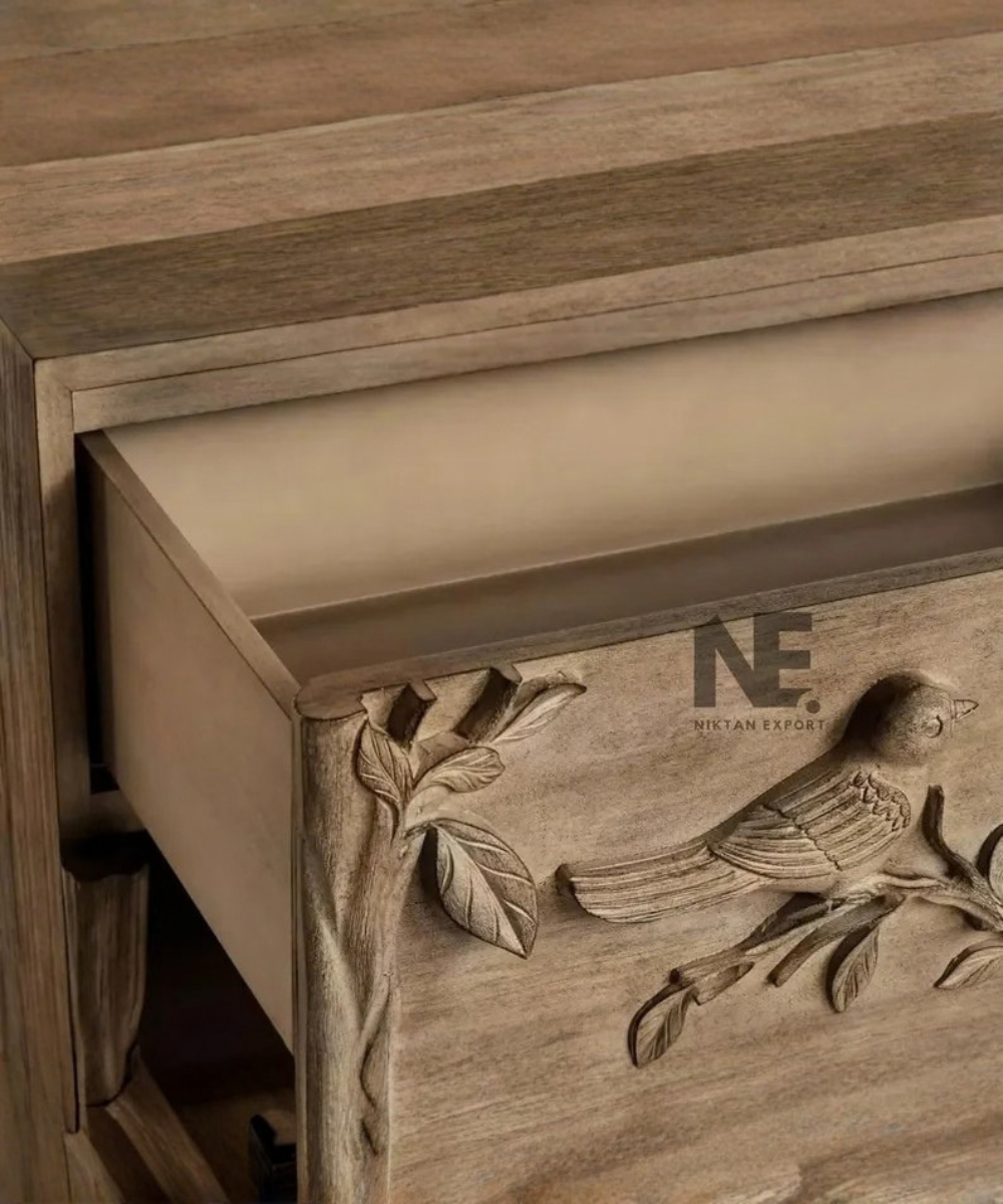 Nature-inspired hand-carved bedside table