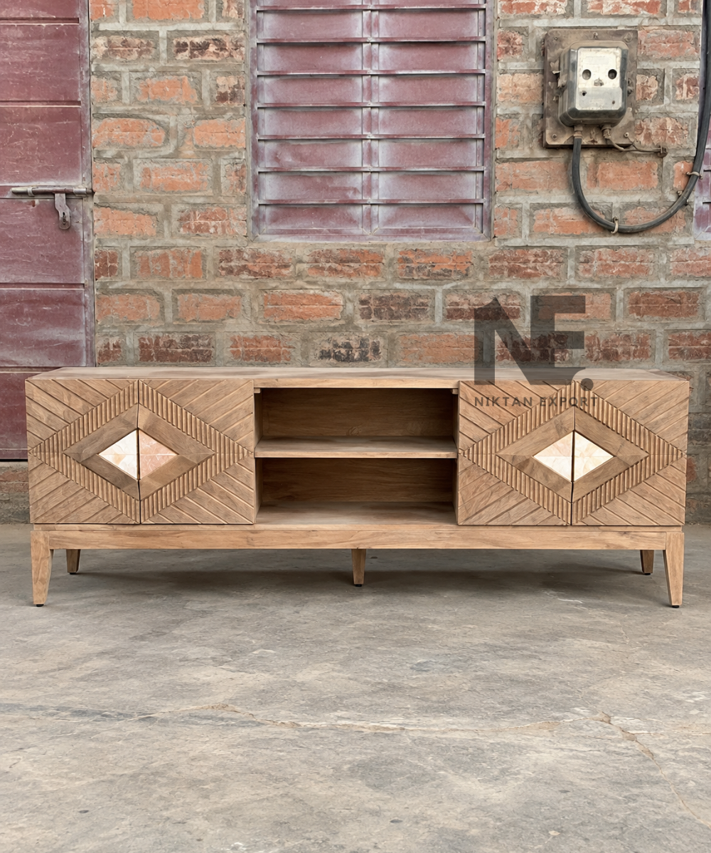 Geometric wooden TV console with diamond inlay accents