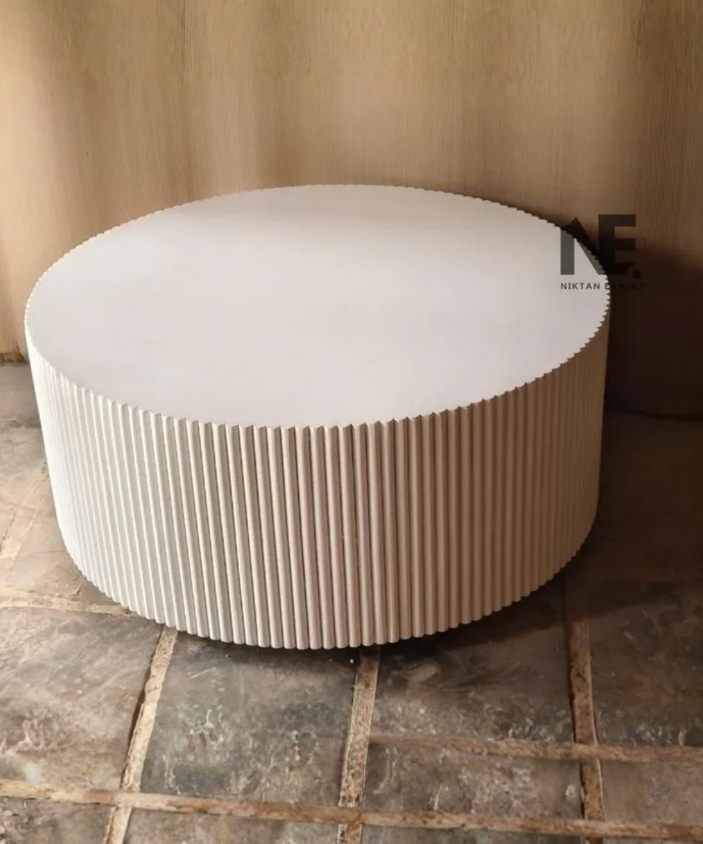 Fluted White Coffee Table Round Modern Solid Mango Wood