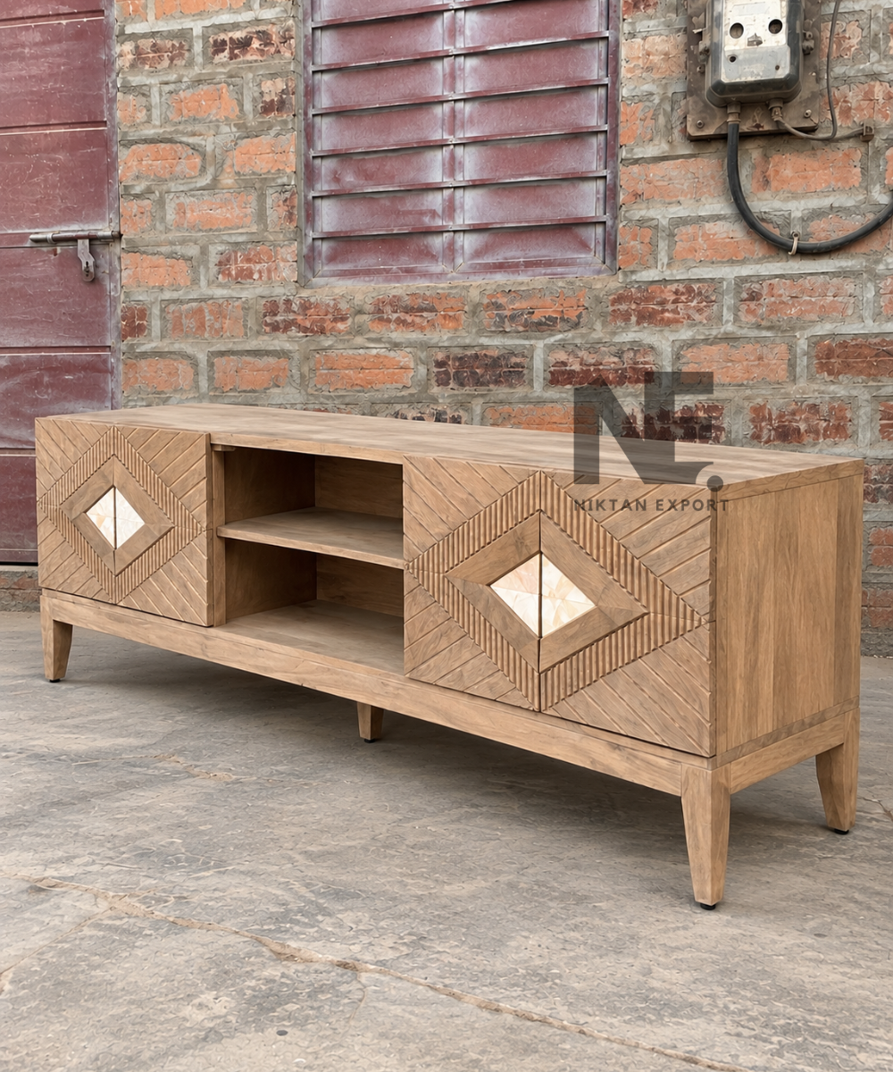 Front view of a natural wood geometric TV stand
