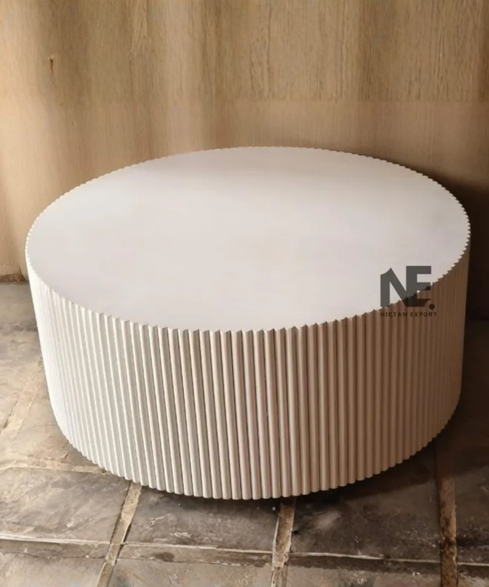 Fluted White Coffee Table Round Modern Solid Mango Wood