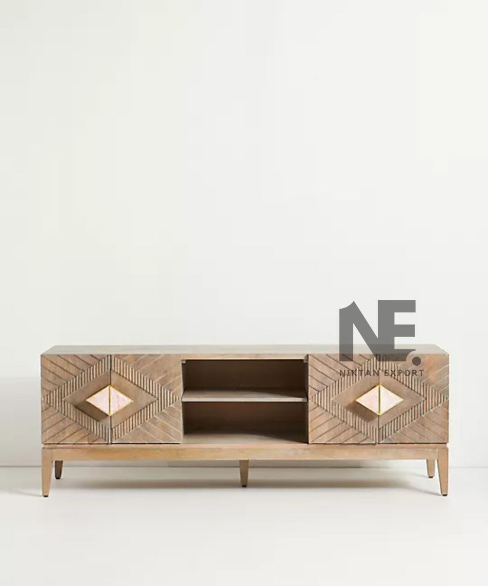 Wooden media cabinet with chevron patterned doors