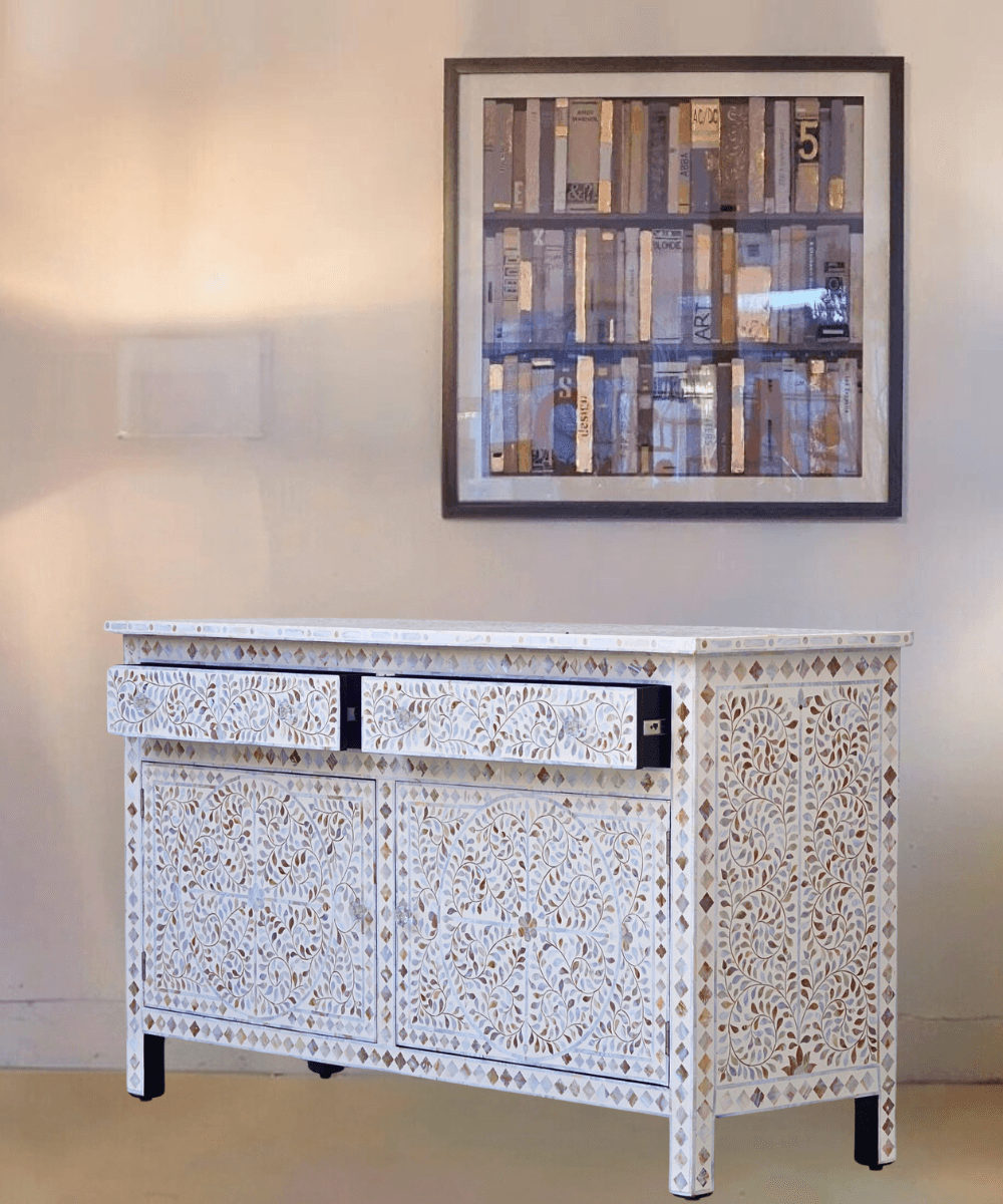 Niktan Export Mother of Pearl Inlay Sideboard Off White Floral Design - NikTan Export