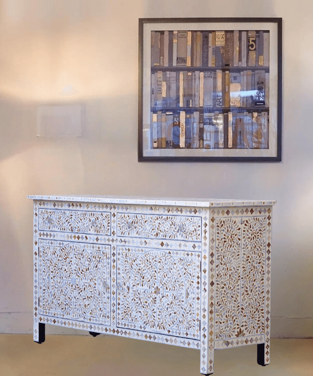 Niktan Export Mother of Pearl Inlay Sideboard Off White Floral Design - NikTan Export