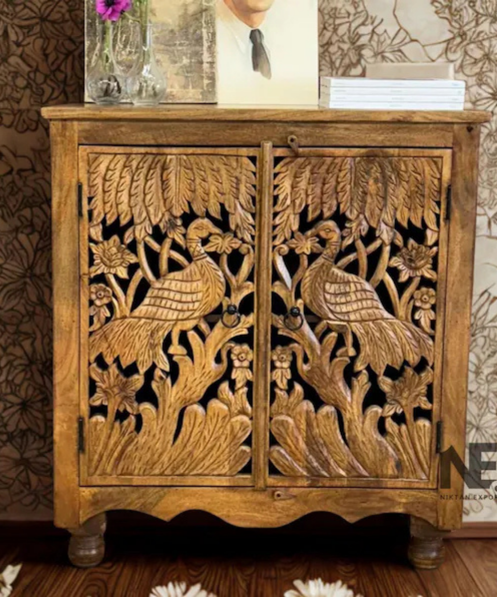 Hand carved peacock mango wood sideboard with floral design