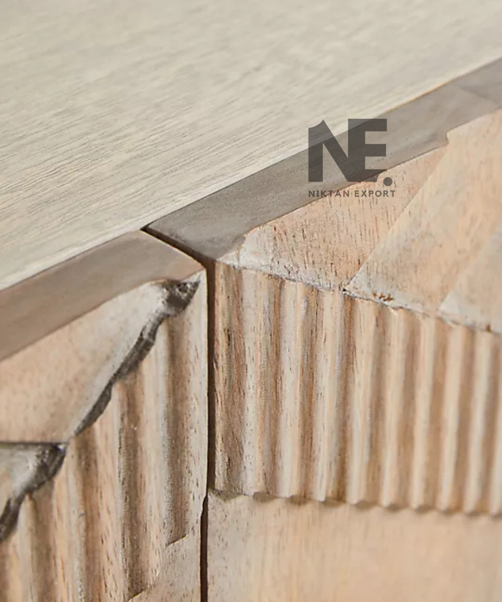 Chevron wood detailing on a geometric media cabinet