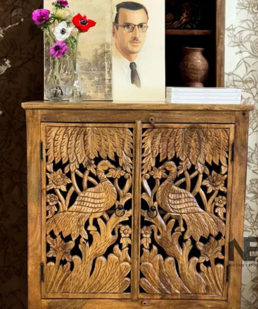 Peacock carved solid mango wood sideboard handmade in India