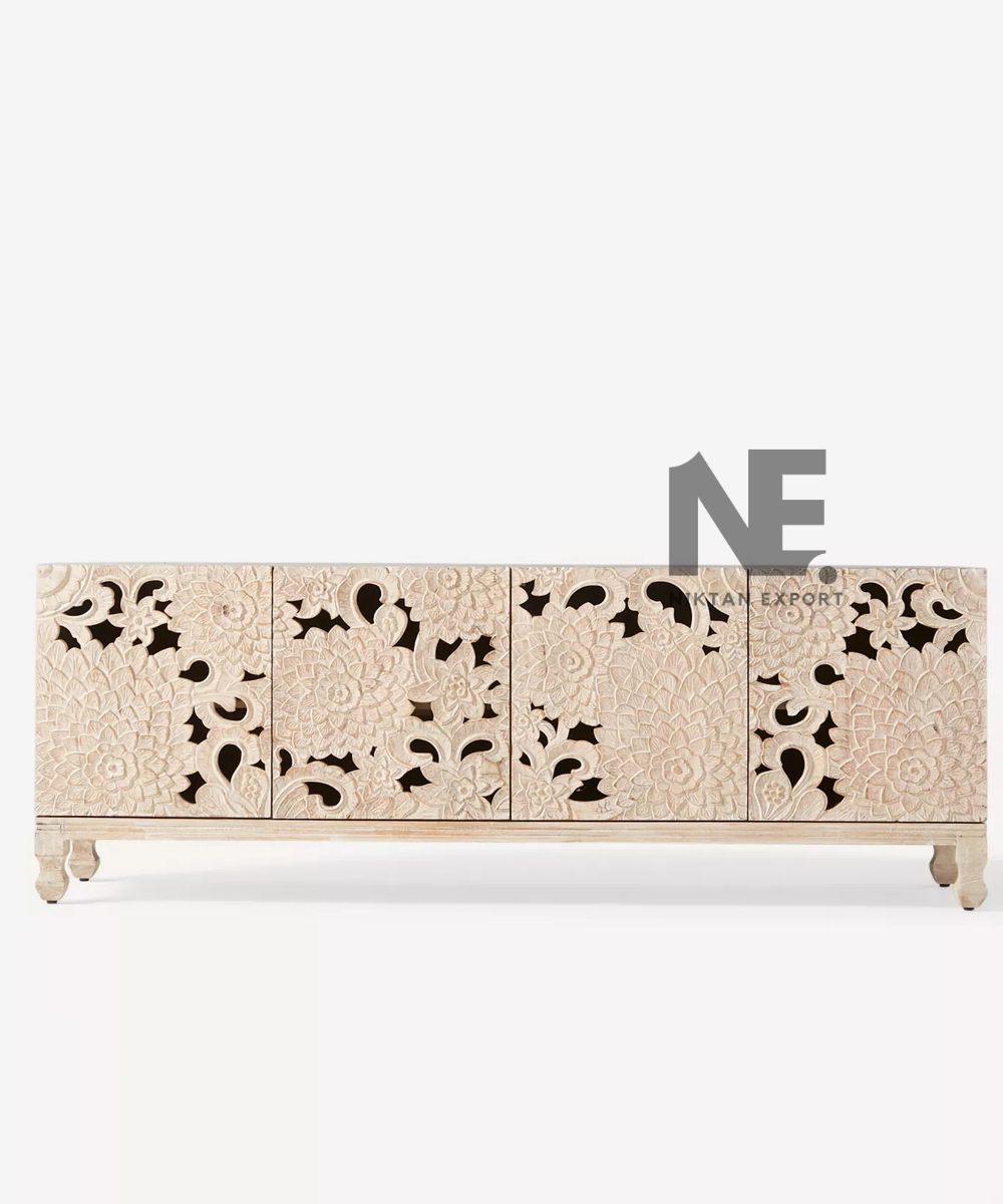 Four-door floral carved storage cabinet in cream finish