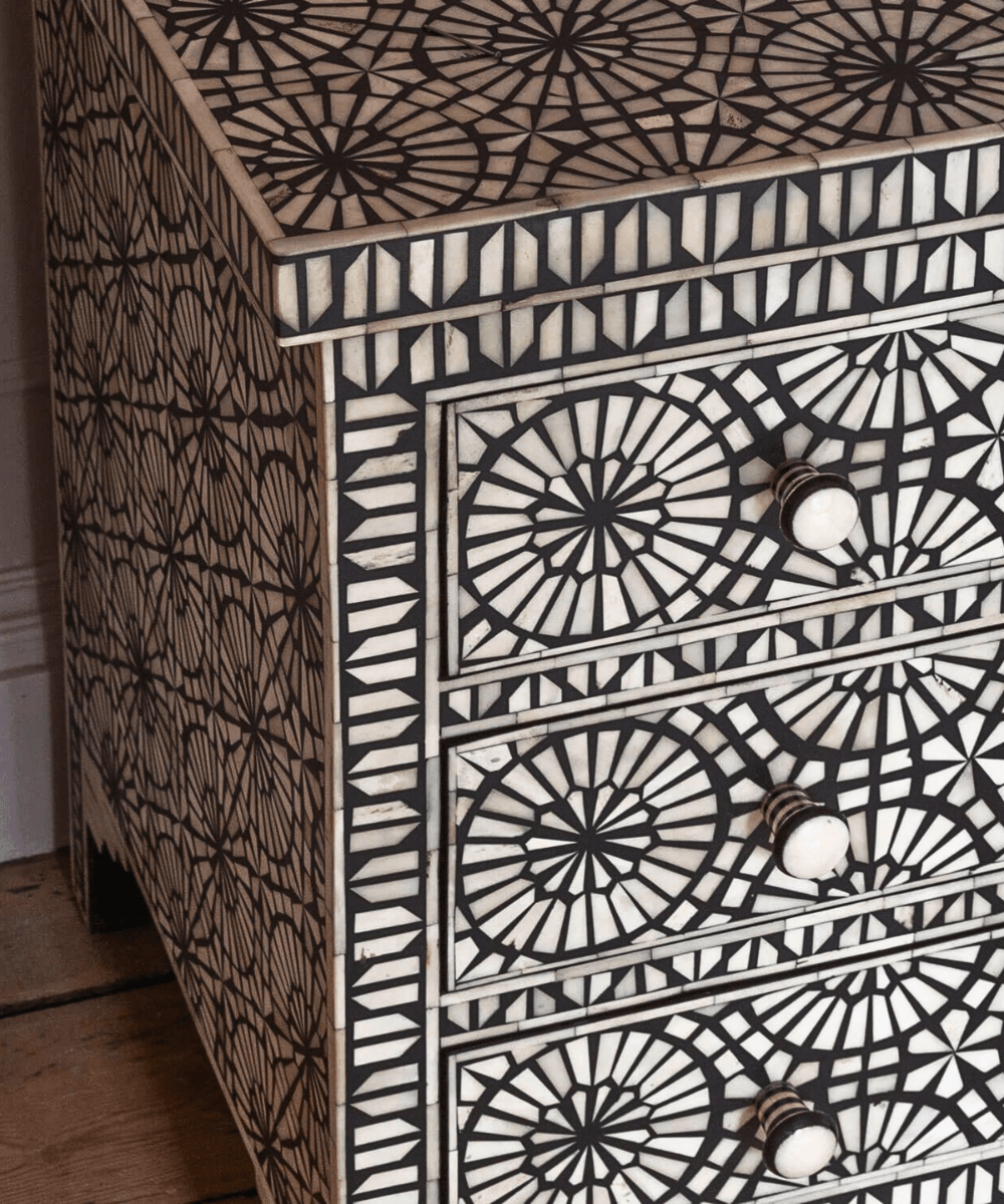 Niktan Export Bone Inlay Chest of Drawers Artisan Crafted Three Drawers Chest - NikTan Export