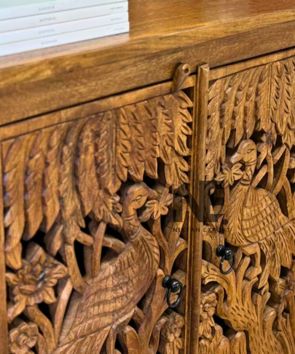 Solid mango wood cabinet with hand carved peacock doors