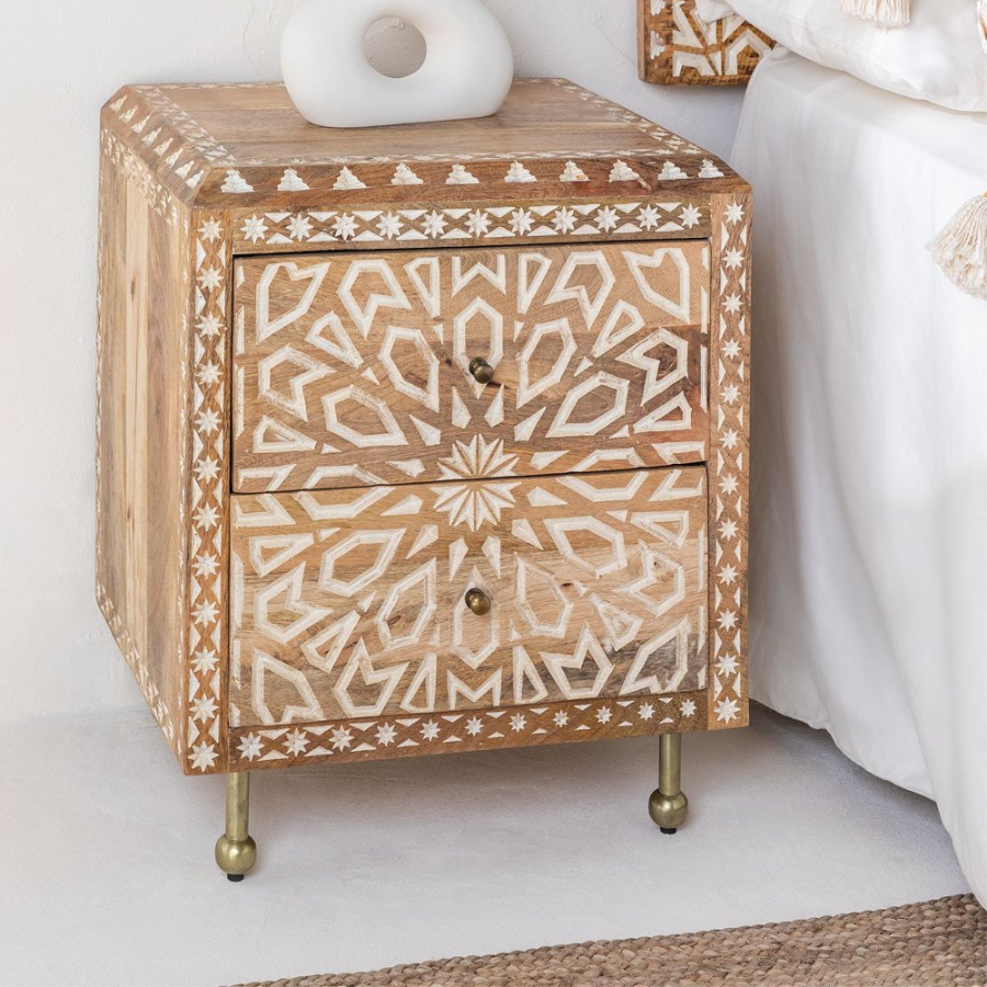 Handcarving Wood and Steel Bedside Table - NikTan Export