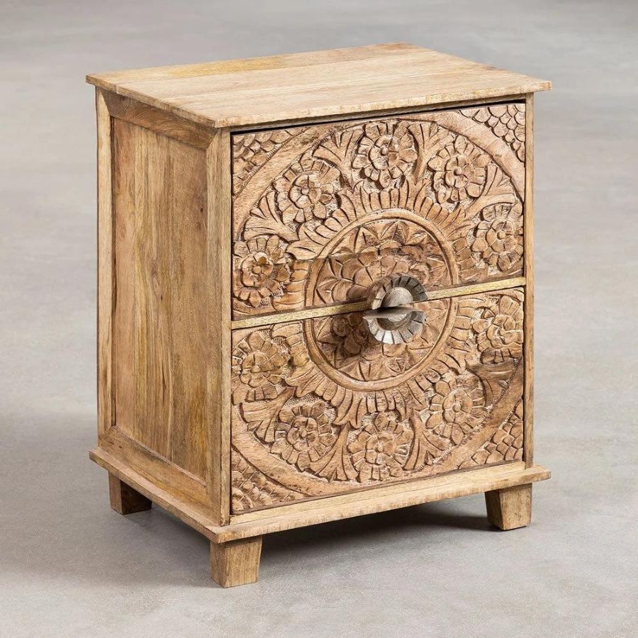 Hand Carved Bedside Table with Drawers - NikTan Export